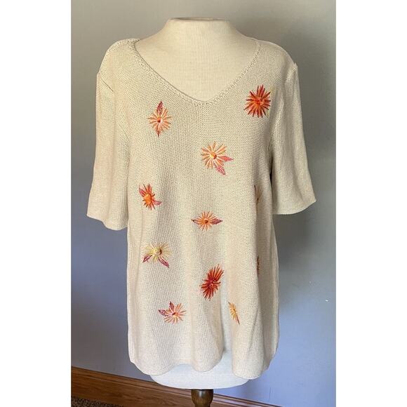 J Jill Sweater Sz Small Beige Embroidered Floral Linen Blend Lightweight Comfy - Picture 1 of 14